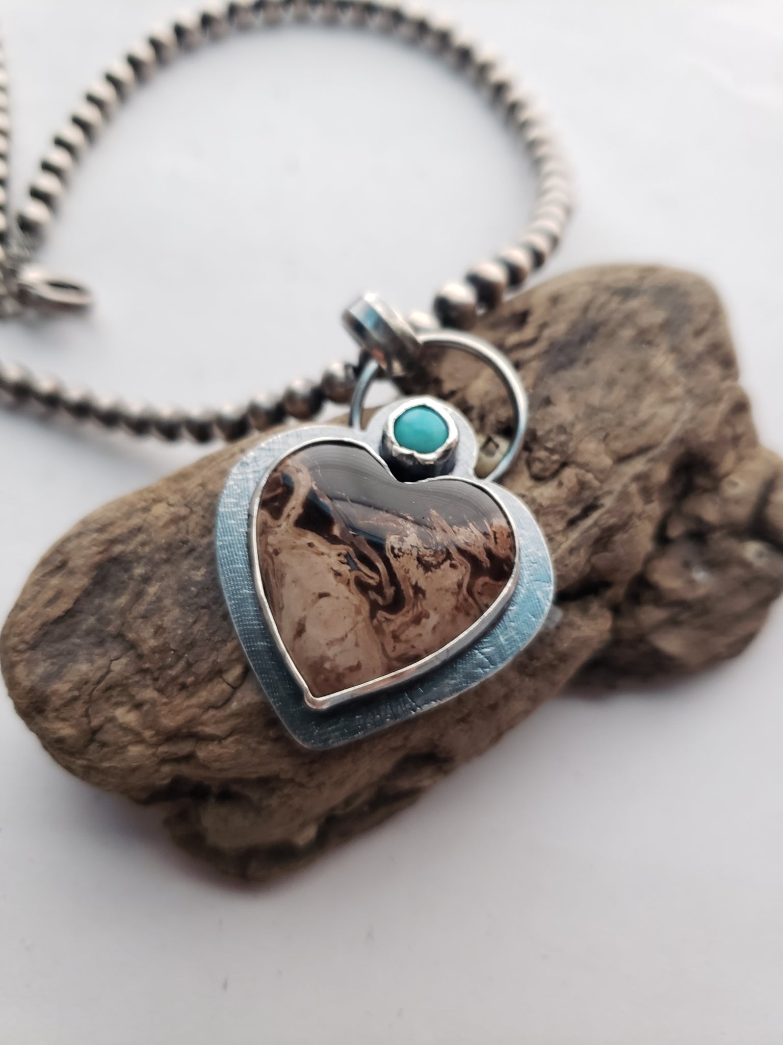 Petrified Palm Wood and Kingman Turquoise Heart Pendant