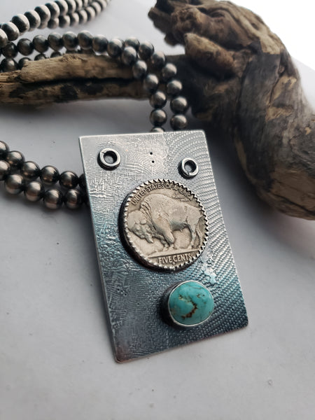 Handmade jewelry, Buffalo nickel pendant, Sonoran Gold turquoise, sterling jewelry, sterling pendant, silver pendant